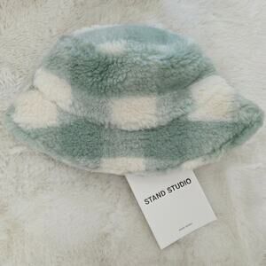 Stand Studio NWT Wera Fuzzy Check Bucket Hat Mint Wool Blend SMALL